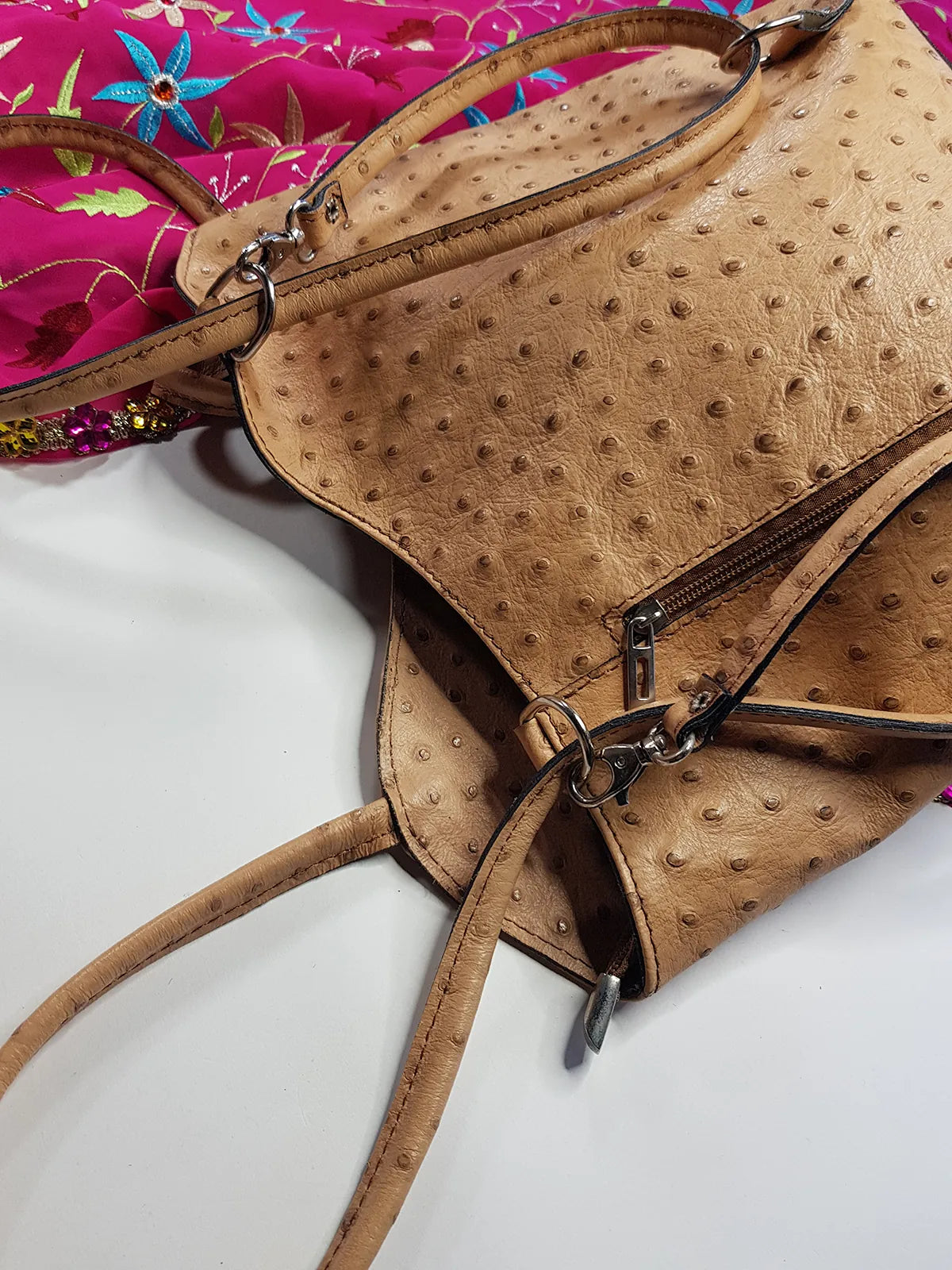 Authentic Vintage Italian Ostrich Leather Bag - Designer Pelle Di Giada Ostrich Handbag - Silver Hardware - Single Exterior Pocket