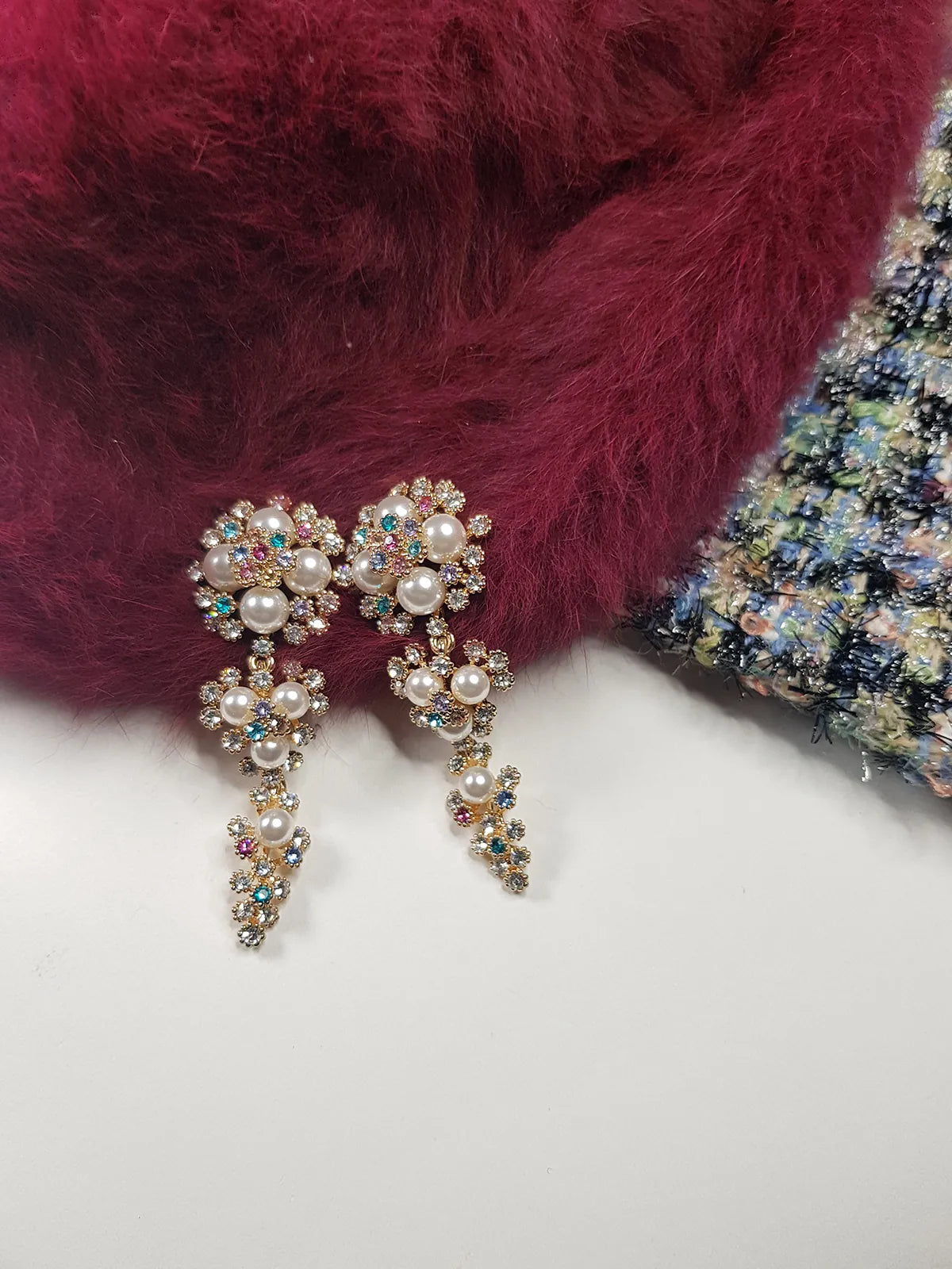 2000s Encrusted Sparkling Pearls & Crystals Drop Earrings - Very Dolce & Gabbana Vintage Couture Style - Ultra Sparkly - For Piericed Ears