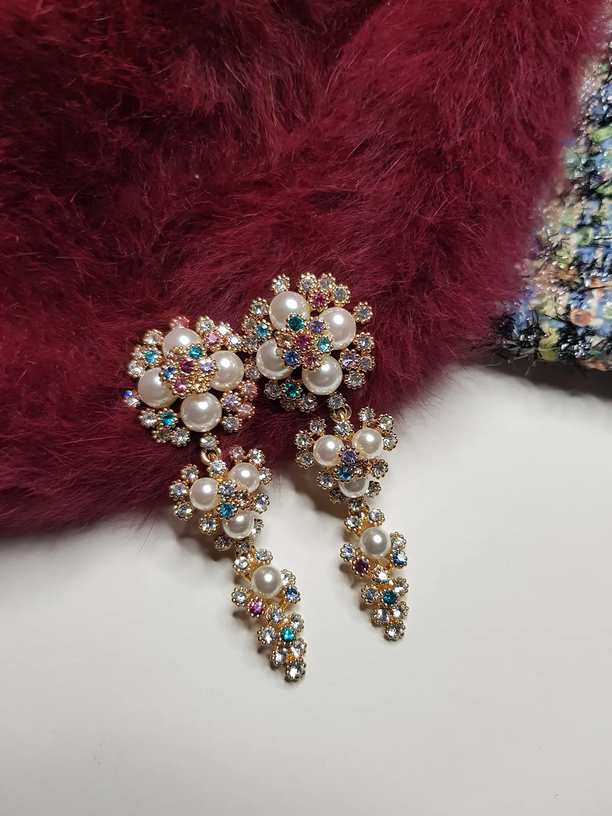 2000s Encrusted Sparkling Pearls & Crystals Drop Earrings - Very Dolce & Gabbana Vintage Couture Style - Ultra Sparkly - For Piericed Ears