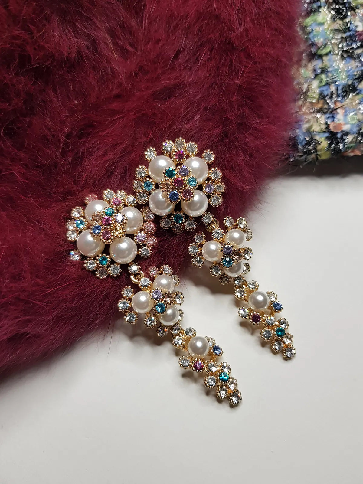 2000s Encrusted Sparkling Pearls & Crystals Drop Earrings - Very Dolce & Gabbana Vintage Couture Style - Ultra Sparkly - For Piericed Ears