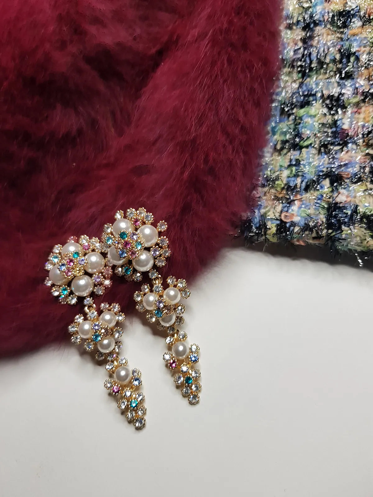 2000s Encrusted Sparkling Pearls & Crystals Drop Earrings - Very Dolce & Gabbana Vintage Couture Style - Ultra Sparkly - For Piericed Ears