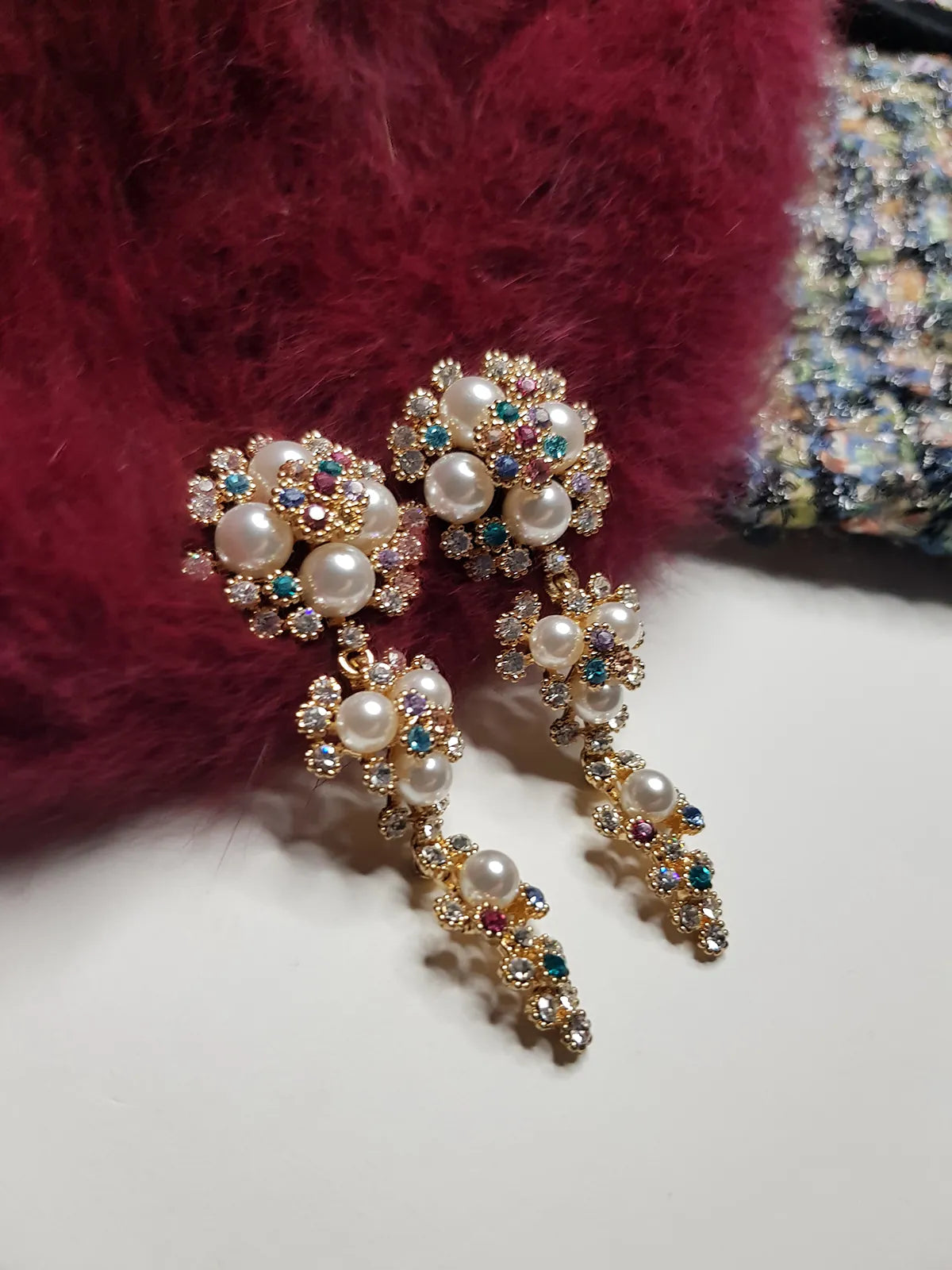 2000s Encrusted Sparkling Pearls & Crystals Drop Earrings - Very Dolce & Gabbana Vintage Couture Style - Ultra Sparkly - For Piericed Ears
