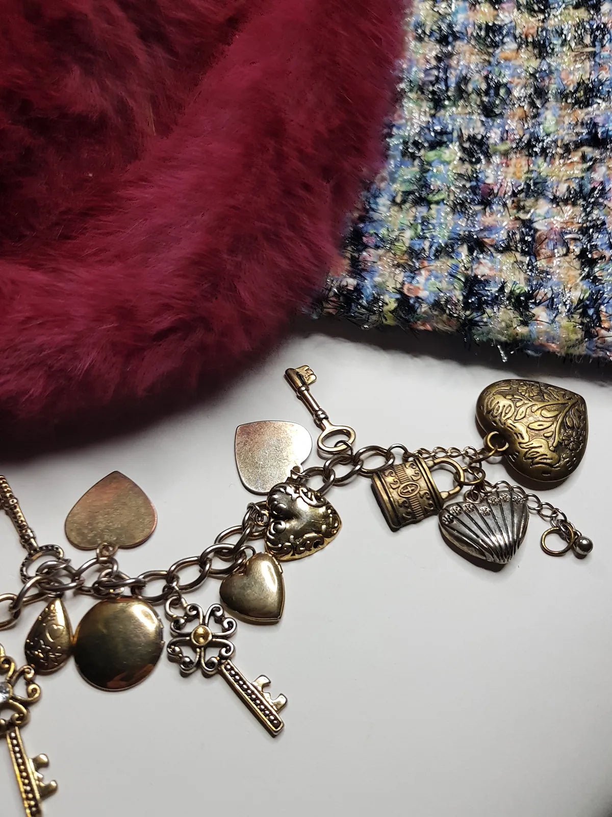 80s Vintage Romantic Whimsigoth Heart Padlocks & Keys Charm Bracelet in Mixed metals - Heavy & Beautiful Antique Metals - Engraved Hearts