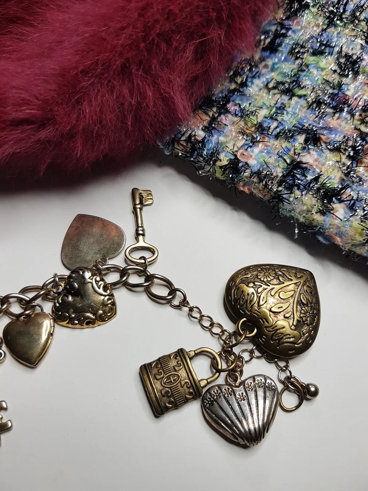 80s Vintage Romantic Whimsigoth Heart Padlocks & Keys Charm Bracelet in Mixed metals - Heavy & Beautiful Antique Metals - Engraved Hearts