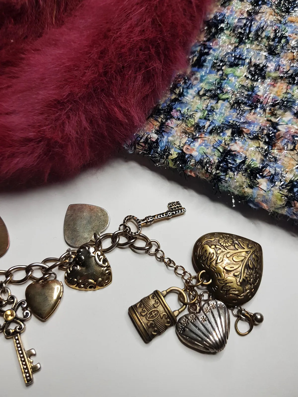 80s Vintage Romantic Whimsigoth Heart Padlocks & Keys Charm Bracelet in Mixed metals - Heavy & Beautiful Antique Metals - Engraved Hearts