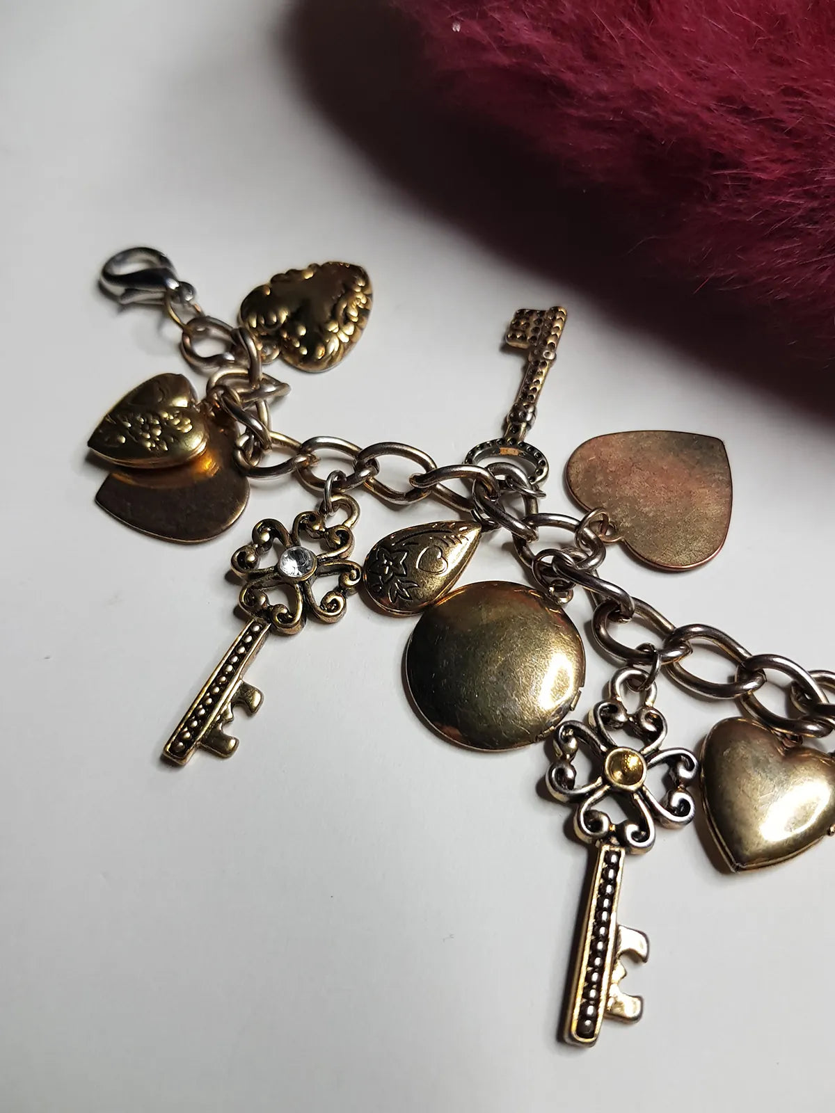 80s Vintage Romantic Whimsigoth Heart Padlocks & Keys Charm Bracelet in Mixed metals - Heavy & Beautiful Antique Metals - Engraved Hearts