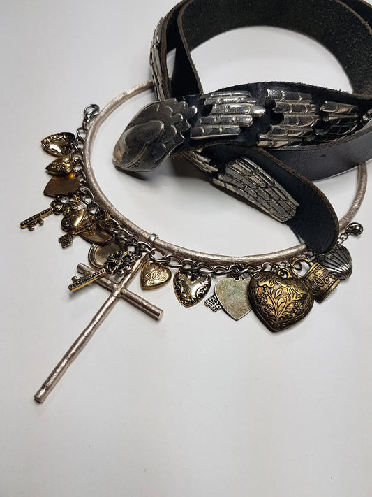 90s Vintage Brutalist Metal Cross Choker Necklace - Silver - Standout Statement Piece - Perfect For Layering