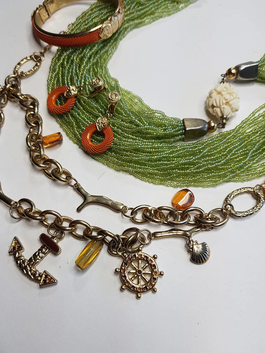 1980s Italian Vintage Siren Necklace Stacked Double Layers with Nautical Charms - Coral / Ship Wheel / Seahorses