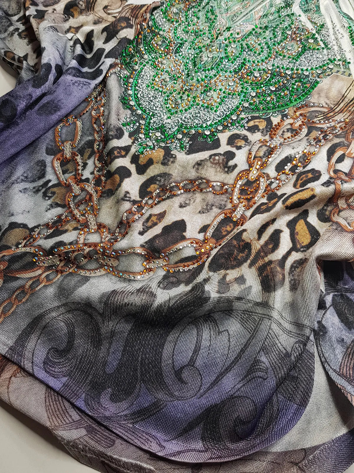 2000s Bohemian Draped Rhinestone top with Iconic Nostalgia Boho Print in Leopard & Chains - Perfect Shape