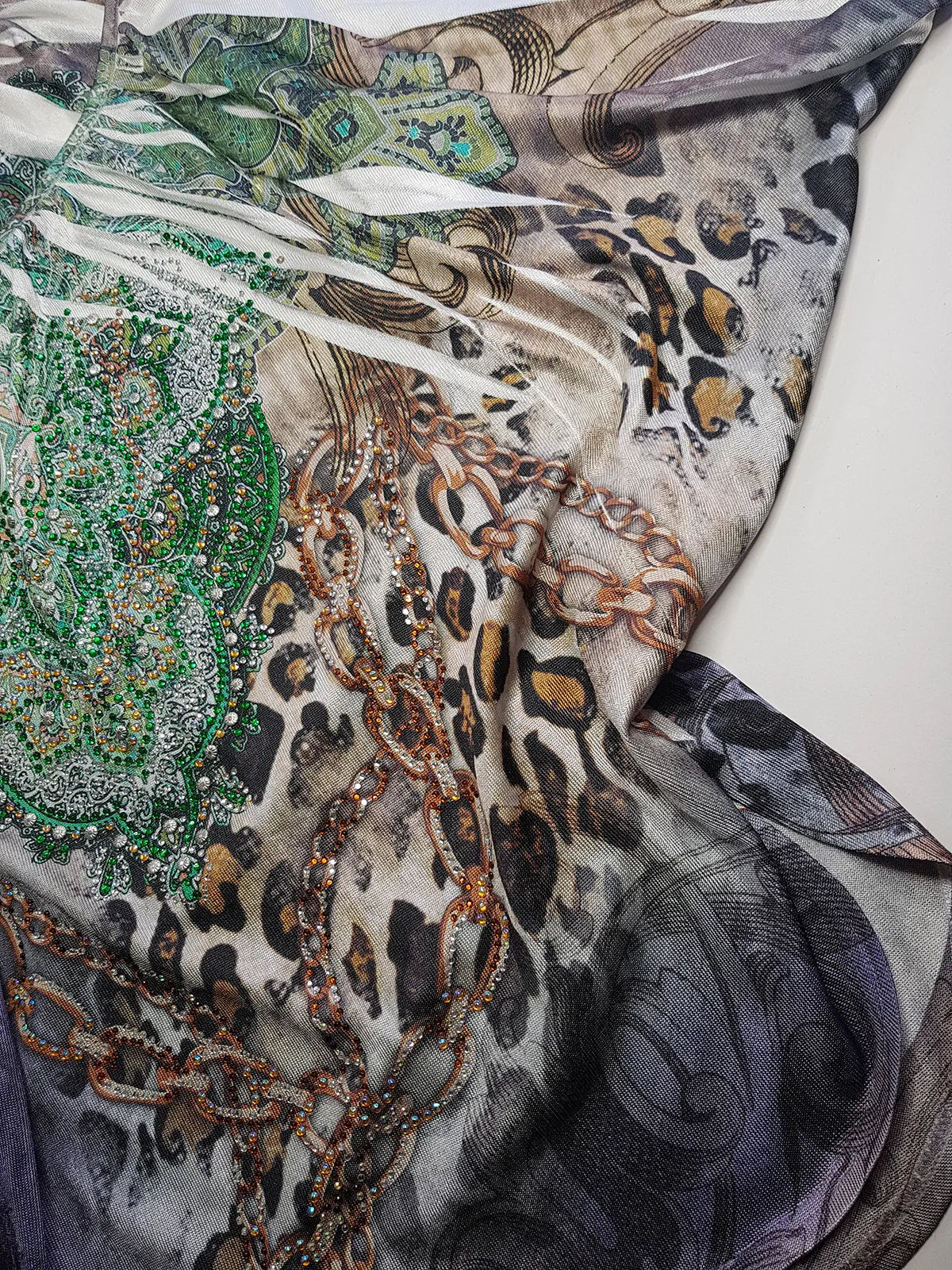 2000s Bohemian Draped Rhinestone top with Iconic Nostalgia Boho Print in Leopard & Chains - Perfect Shape