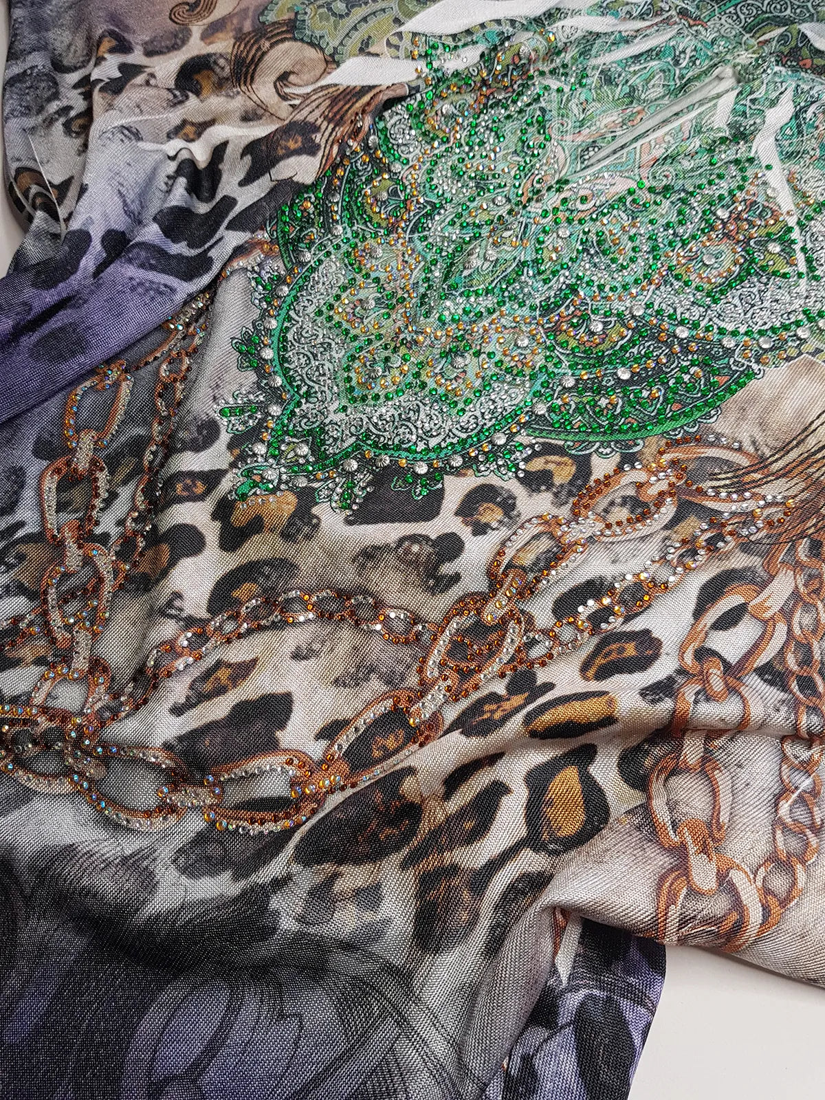 2000s Bohemian Draped Rhinestone top with Iconic Nostalgia Boho Print in Leopard & Chains - Perfect Shape