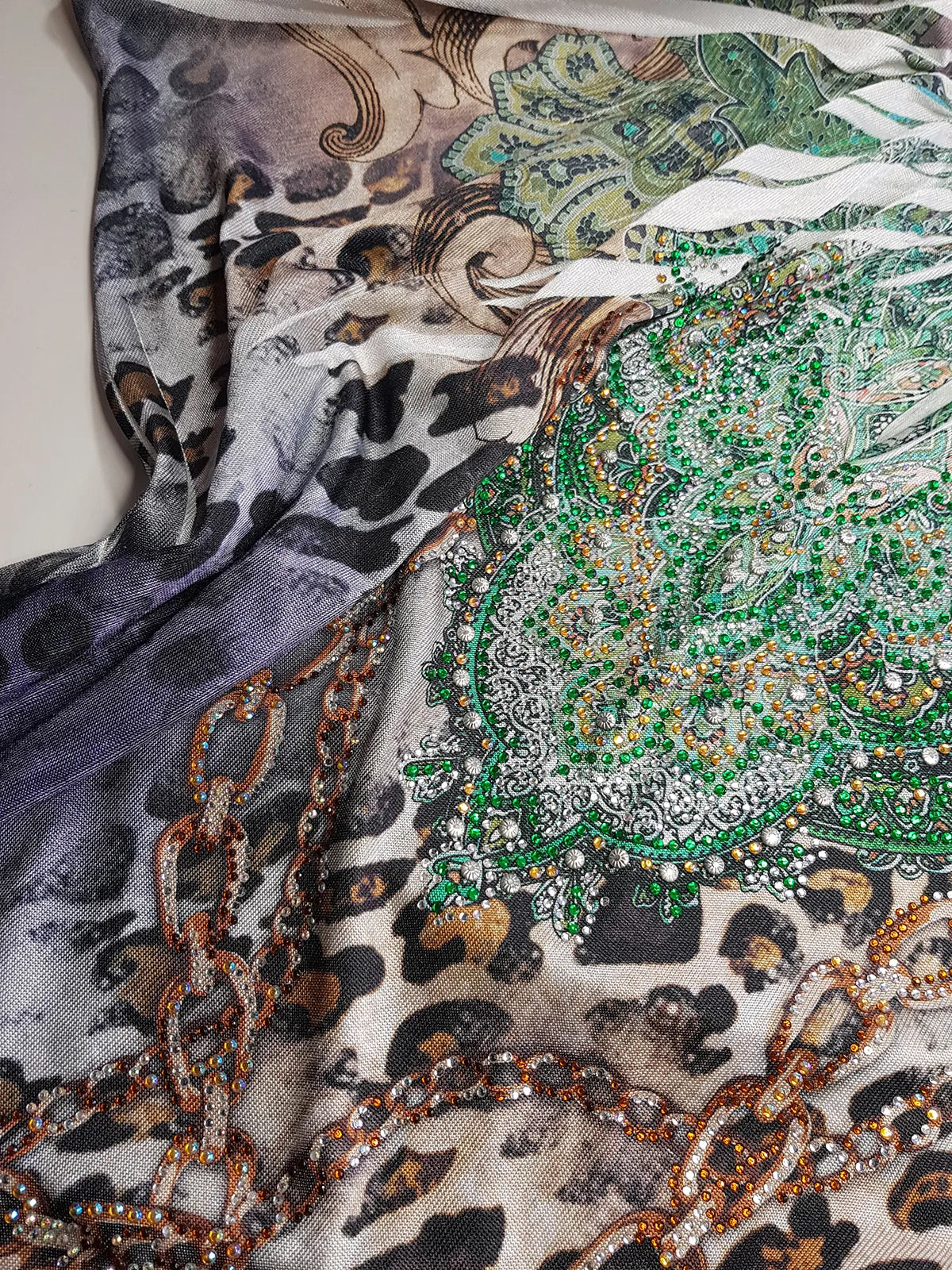 2000s Bohemian Draped Rhinestone top with Iconic Nostalgia Boho Print in Leopard & Chains - Perfect Shape