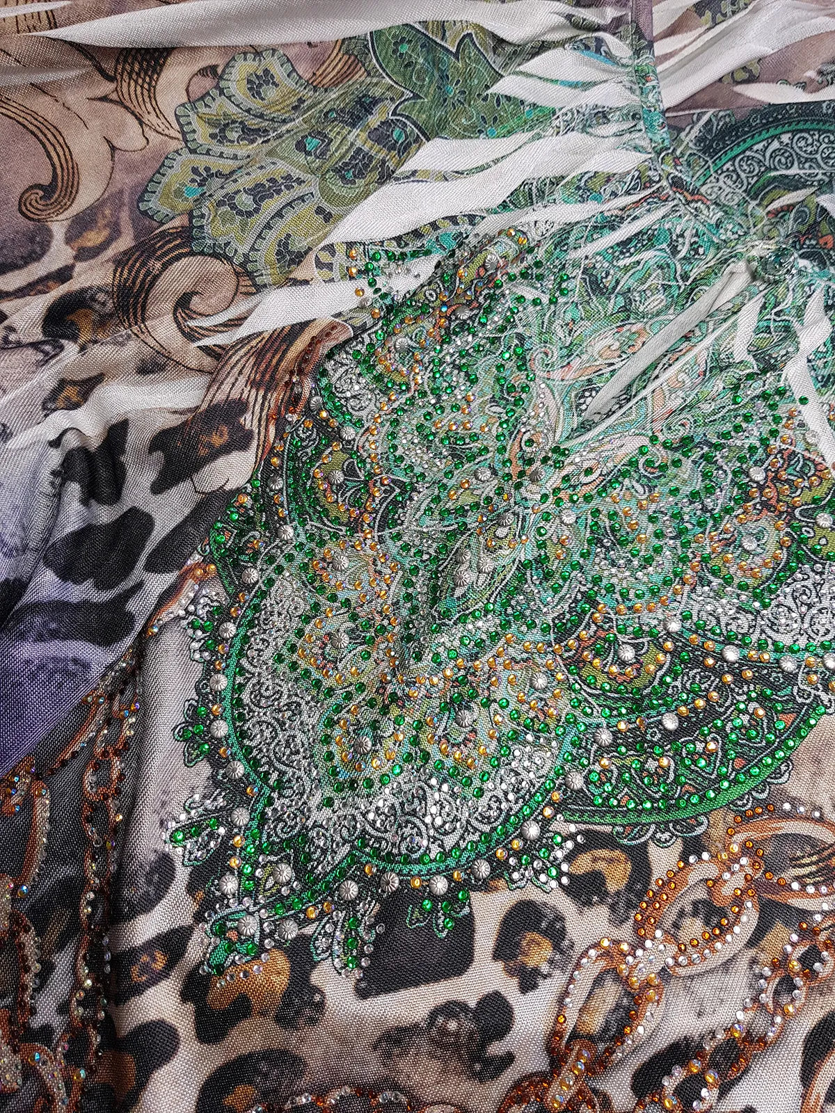 2000s Bohemian Draped Rhinestone top with Iconic Nostalgia Boho Print in Leopard & Chains - Perfect Shape