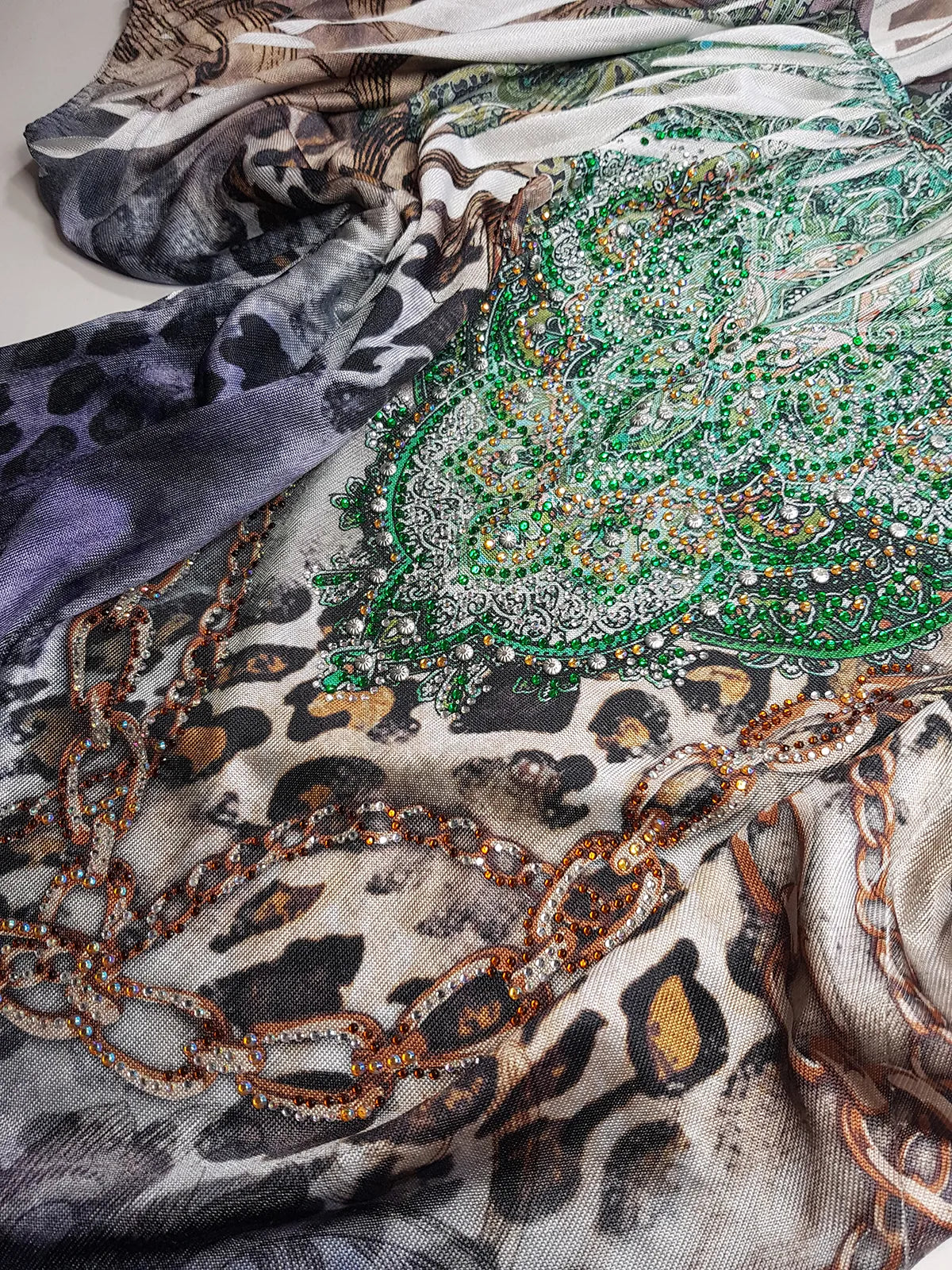 2000s Bohemian Draped Rhinestone top with Iconic Nostalgia Boho Print in Leopard & Chains - Perfect Shape