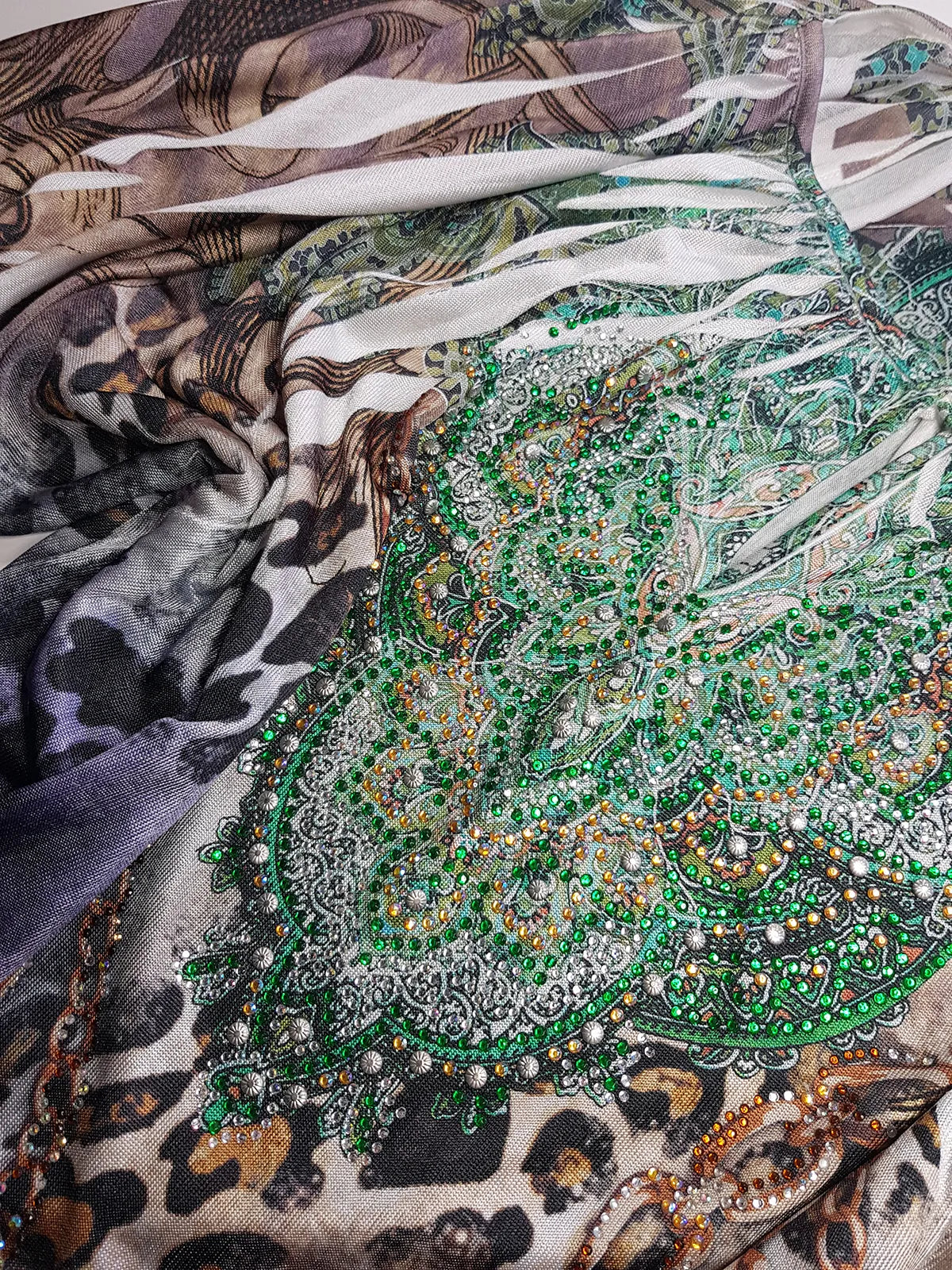 2000s Bohemian Draped Rhinestone top with Iconic Nostalgia Boho Print in Leopard & Chains - Perfect Shape