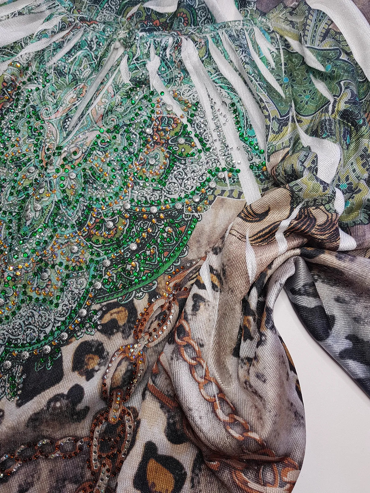 2000s Bohemian Draped Rhinestone top with Iconic Nostalgia Boho Print in Leopard & Chains - Perfect Shape