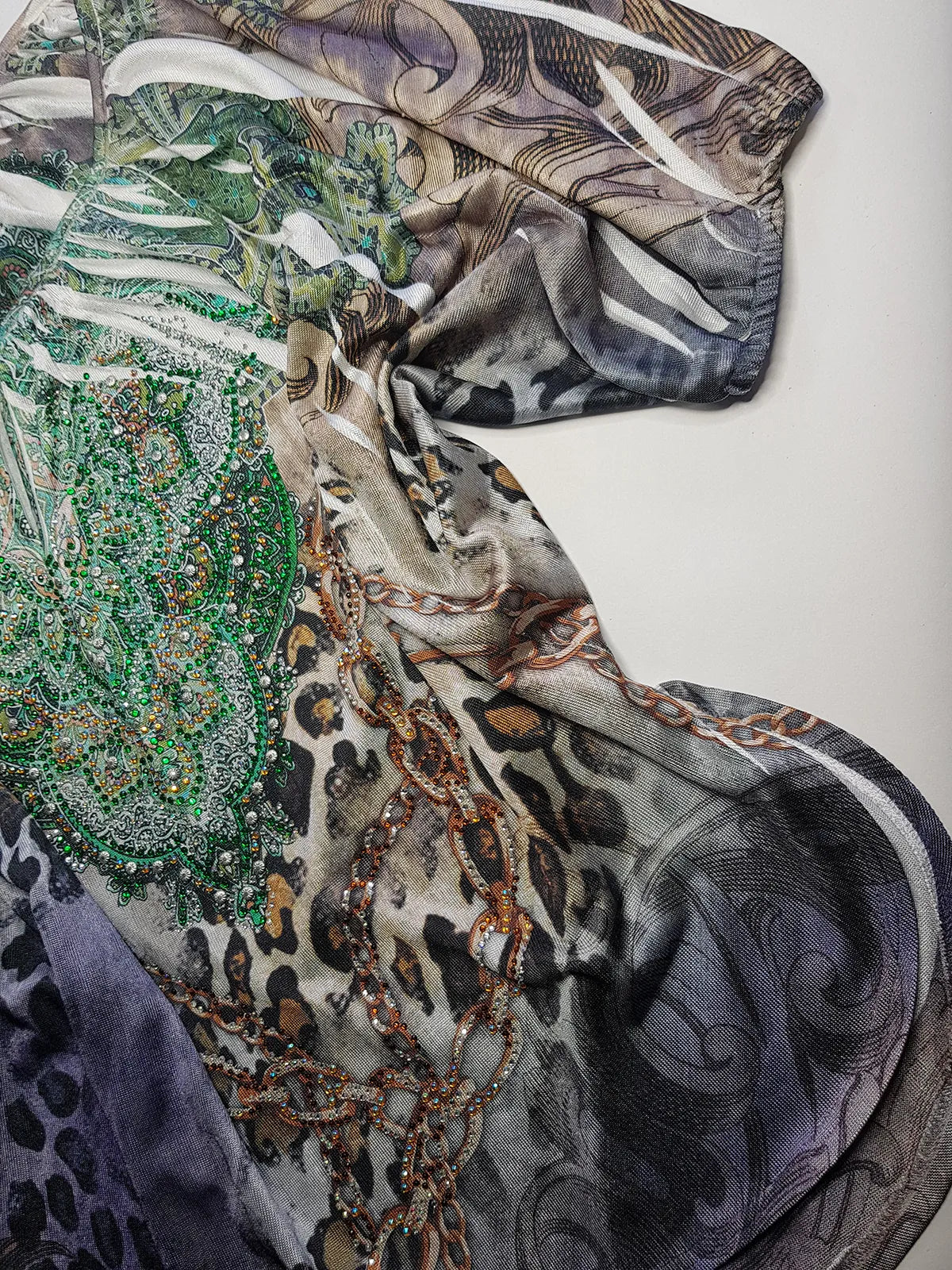 2000s Bohemian Draped Rhinestone top with Iconic Nostalgia Boho Print in Leopard & Chains - Perfect Shape