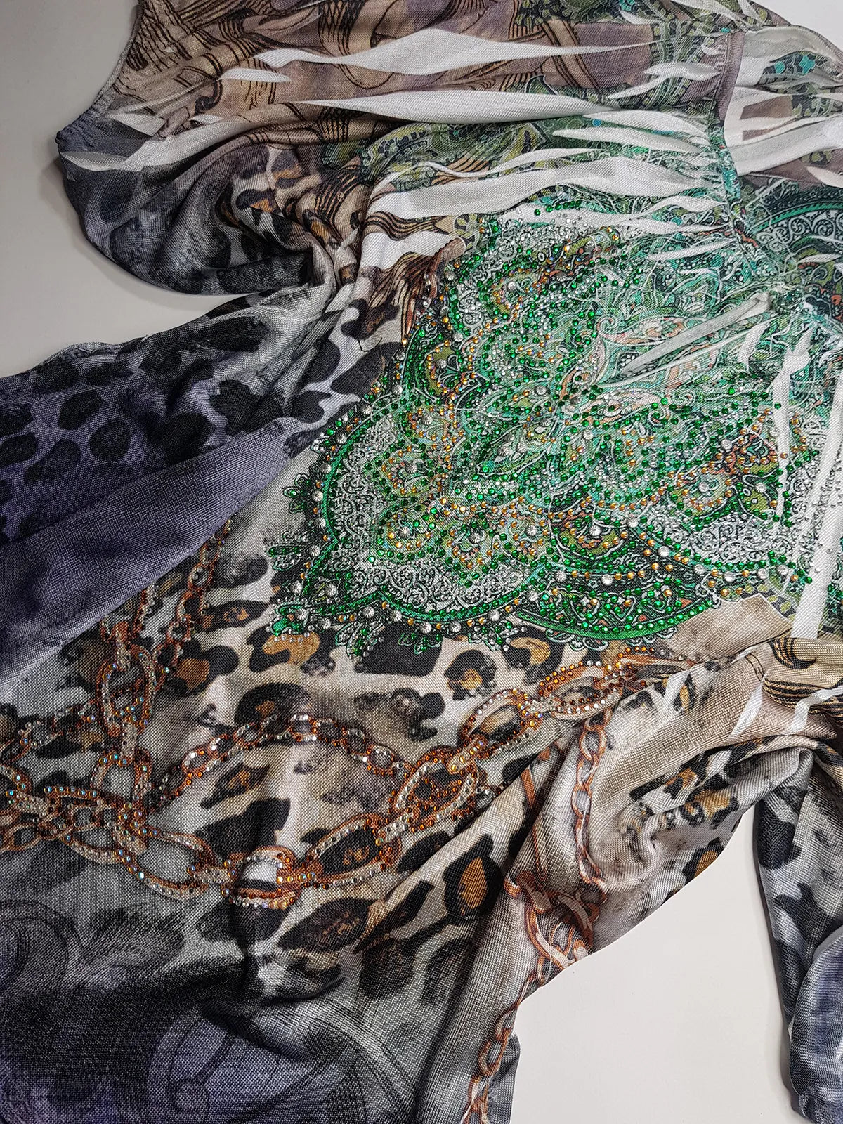 2000s Bohemian Draped Rhinestone top with Iconic Nostalgia Boho Print in Leopard & Chains - Perfect Shape