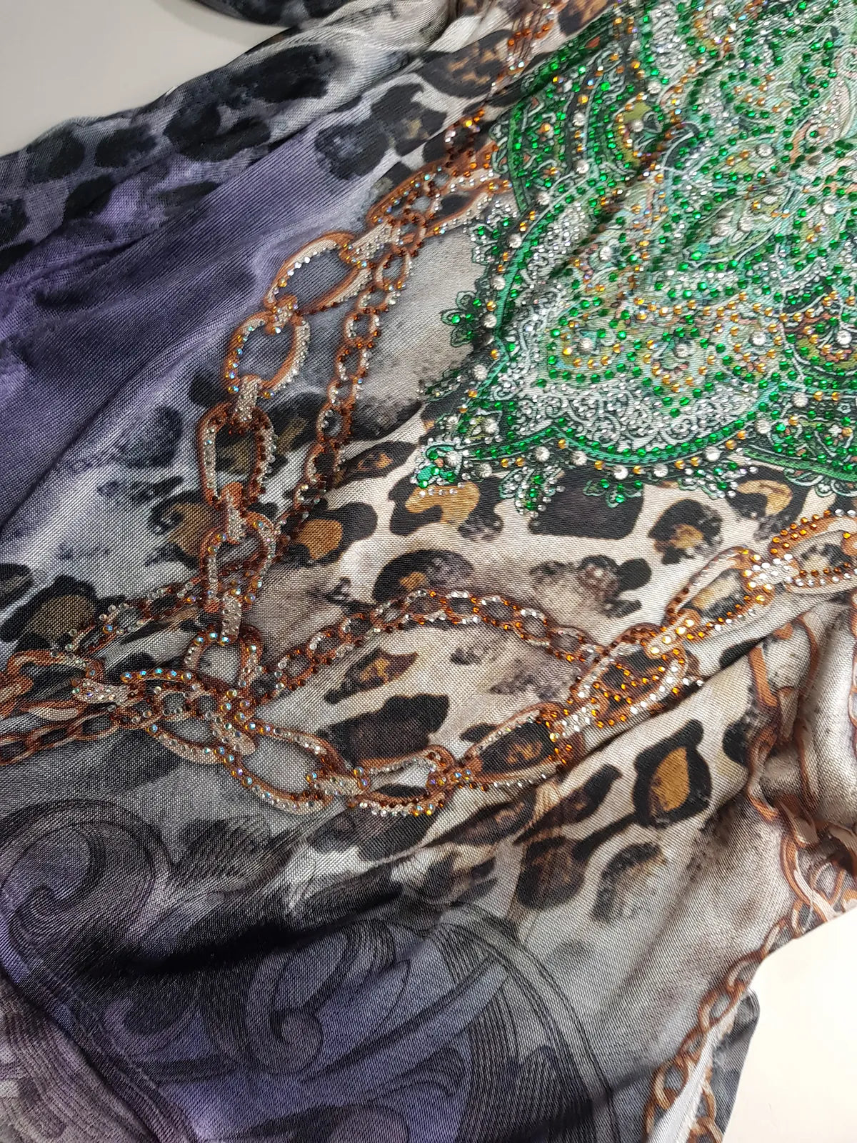 2000s Bohemian Draped Rhinestone top with Iconic Nostalgia Boho Print in Leopard & Chains - Perfect Shape