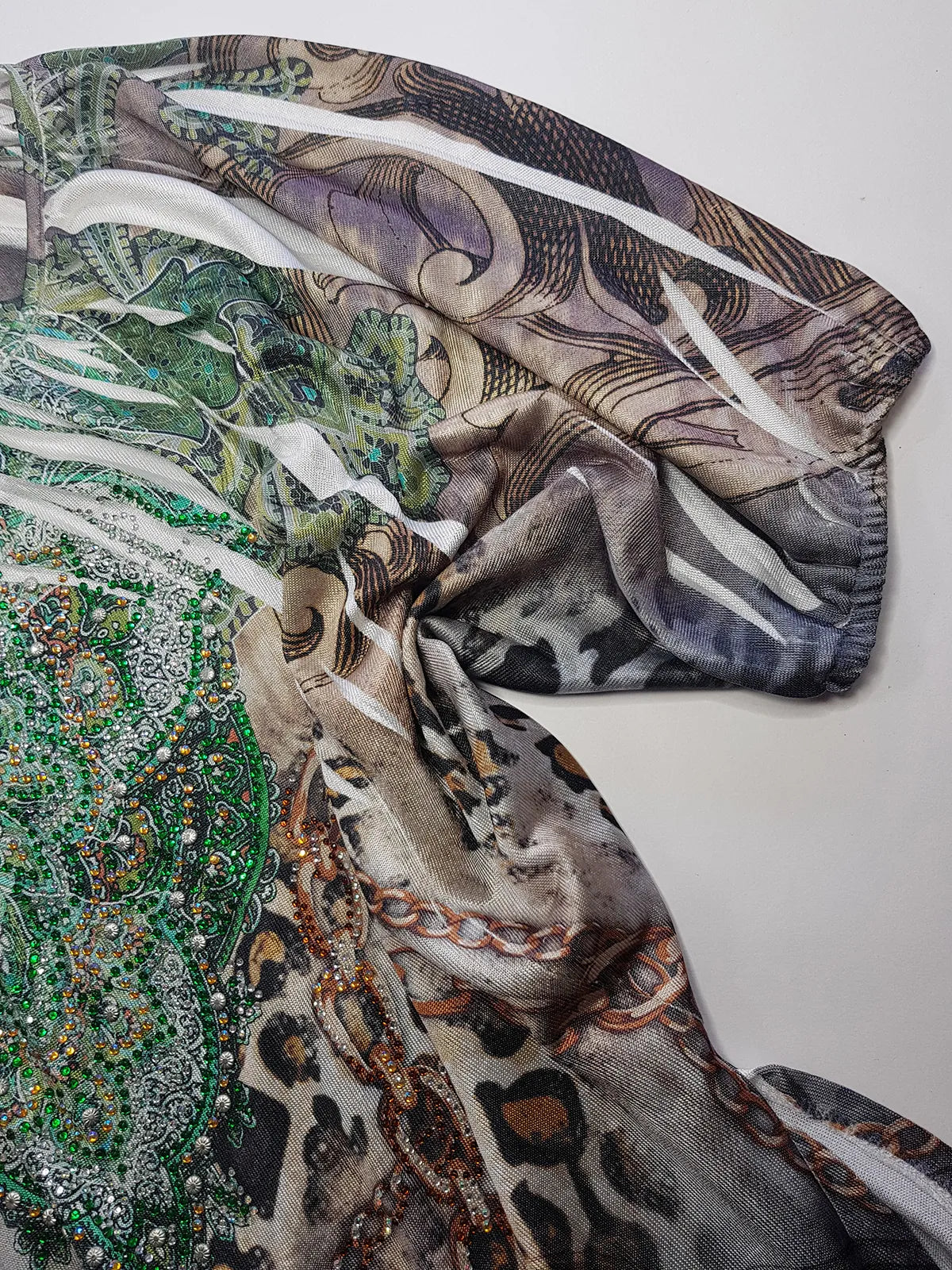 2000s Bohemian Draped Rhinestone top with Iconic Nostalgia Boho Print in Leopard & Chains - Perfect Shape