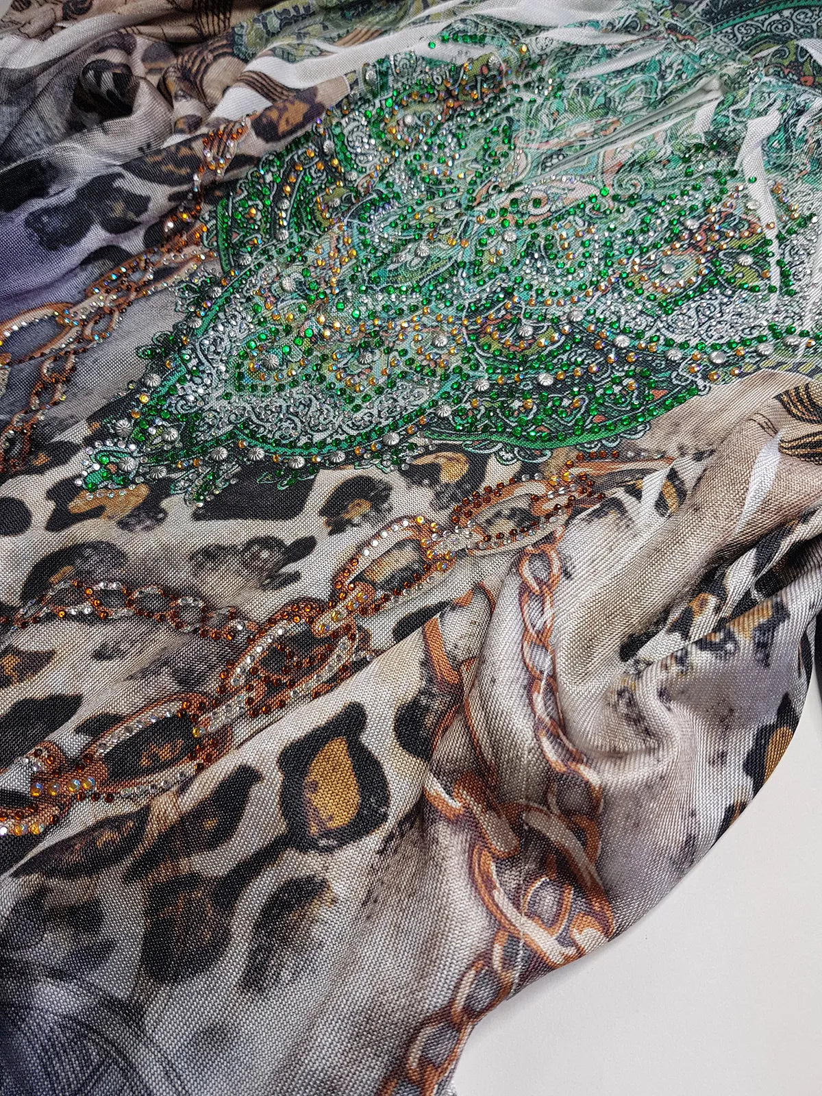 2000s Bohemian Draped Rhinestone top with Iconic Nostalgia Boho Print in Leopard & Chains - Perfect Shape