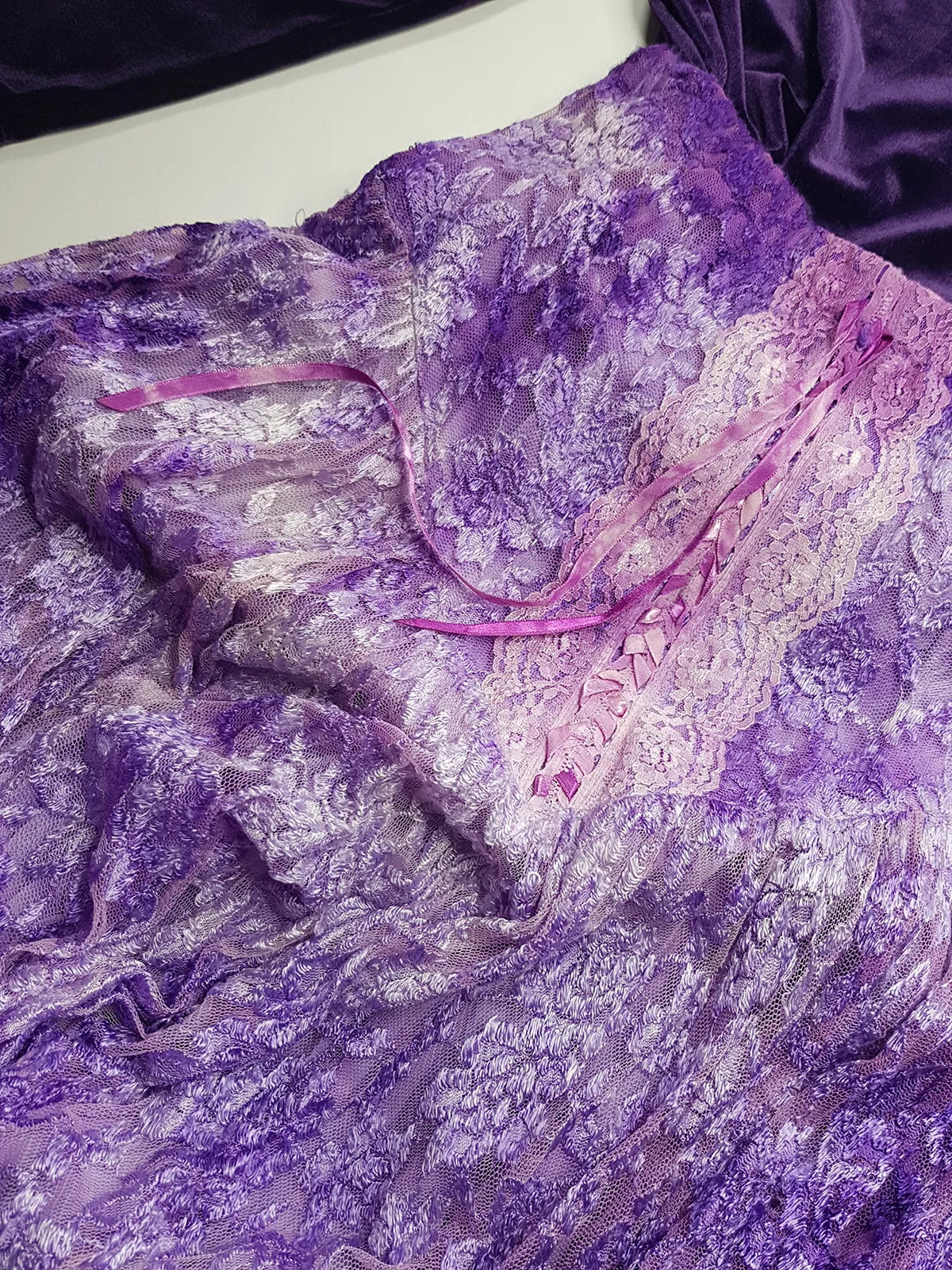 Ultra Rare 1980s Corset Style Whimsigoth Fairy Dress / Skirt in Purple Burnout Lace - Handmade & Hand Dyed - Gradient Purples Light to Dark - Mermaid Hemline