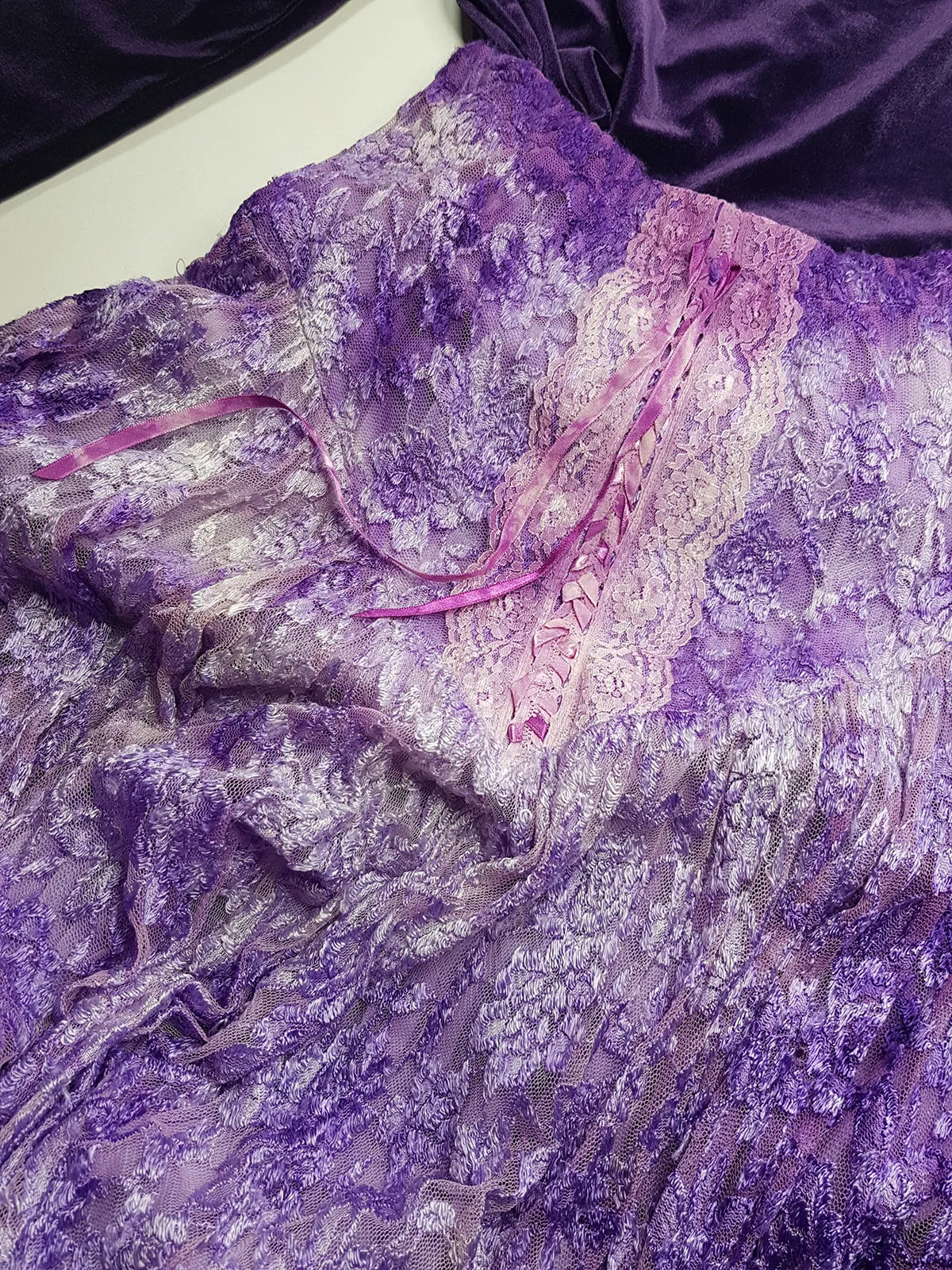 Ultra Rare 1980s Corset Style Whimsigoth Fairy Dress / Skirt in Purple Burnout Lace - Handmade & Hand Dyed - Gradient Purples Light to Dark - Mermaid Hemline