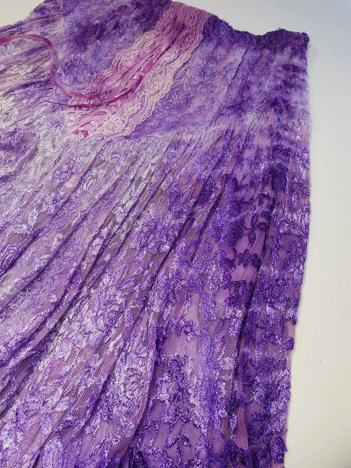 Ultra Rare 1980s Corset Style Whimsigoth Fairy Dress / Skirt in Purple Burnout Lace - Handmade & Hand Dyed - Gradient Purples Light to Dark - Mermaid Hemline