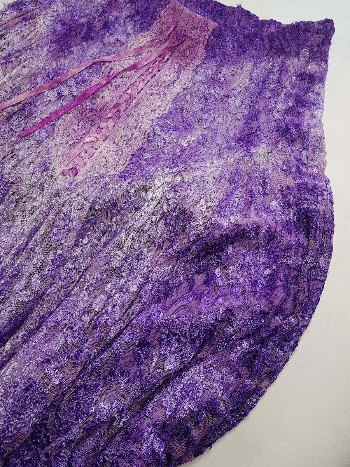 Ultra Rare 1980s Corset Style Whimsigoth Fairy Dress / Skirt in Purple Burnout Lace - Handmade & Hand Dyed - Gradient Purples Light to Dark - Mermaid Hemline