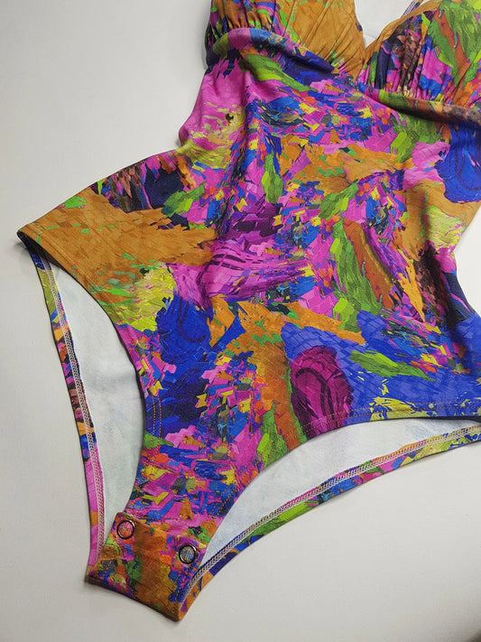 1980s Vintage Brazillian High Cut One Piece Swimsuit - Incredible Vintage Print - Figure Enhancing Cupped Bust with Gathered Fabric - Racer Back & Incredible Quality Fabric