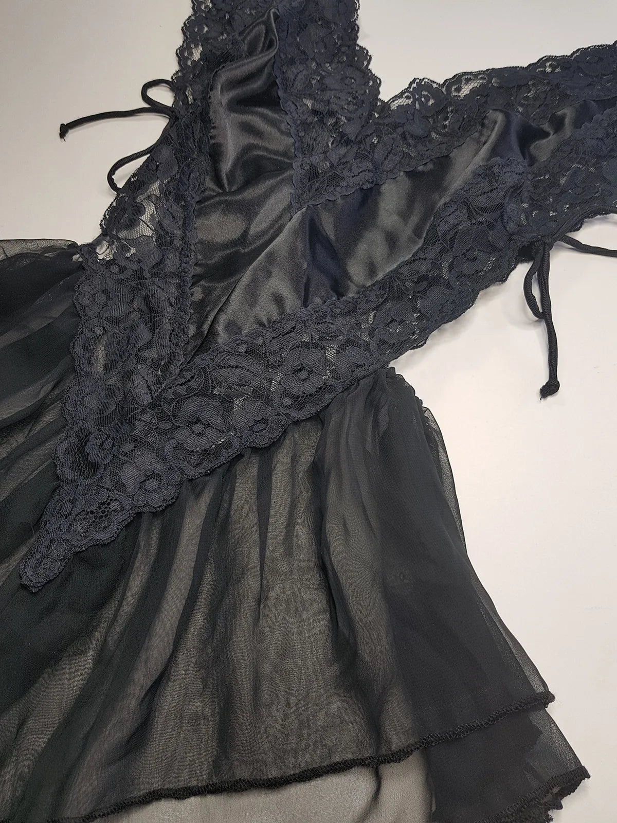 1990s Romantic Gothic Vintage Dreamy Lace & Satin High Cut Teddy - Unworn - Ties at the sides - Flouncy Skirt - Unbelievably Gorgeous in Beautiful Black Lace