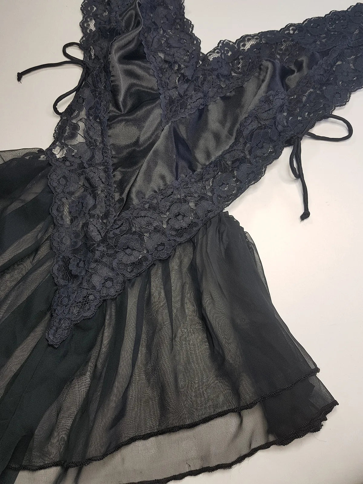 1990s Romantic Gothic Vintage Dreamy Lace & Satin High Cut Teddy - Unworn - Ties at the sides - Flouncy Skirt - Unbelievably Gorgeous in Beautiful Black Lace