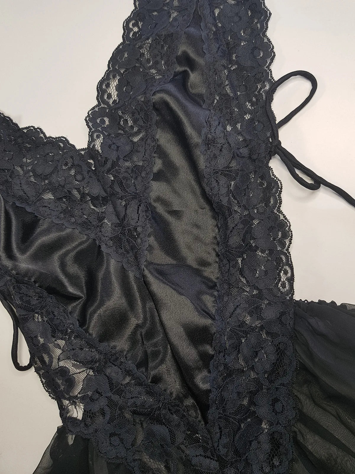 1990s Romantic Gothic Vintage Dreamy Lace & Satin High Cut Teddy - Unworn - Ties at the sides - Flouncy Skirt - Unbelievably Gorgeous in Beautiful Black Lace