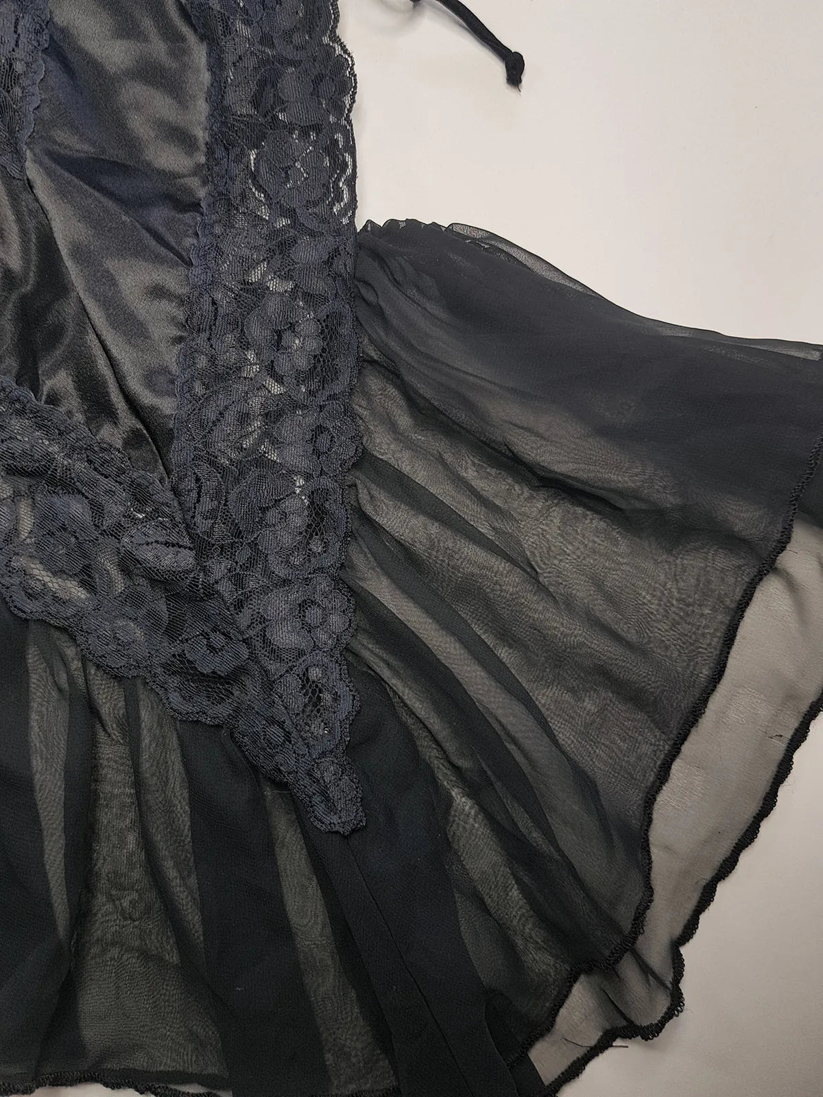 1990s Romantic Gothic Vintage Dreamy Lace & Satin High Cut Teddy - Unworn - Ties at the sides - Flouncy Skirt - Unbelievably Gorgeous in Beautiful Black Lace