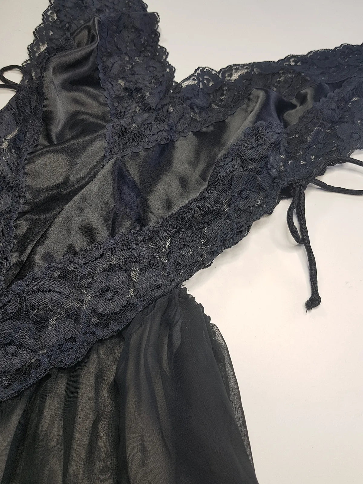 1990s Romantic Gothic Vintage Dreamy Lace & Satin High Cut Teddy - Unworn - Ties at the sides - Flouncy Skirt - Unbelievably Gorgeous in Beautiful Black Lace