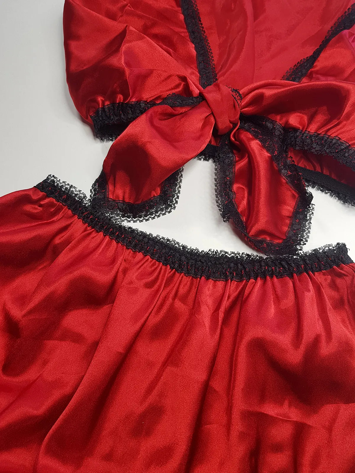 Vintage 1980s Arabian Playboy Style Belly Dance Lingerie 3 Piece Set - Rich Ruby Red Satin & Black Lace - Tie Top & Long Slits up the Sides of the Pants - Matching Sheer Lace Face Covering