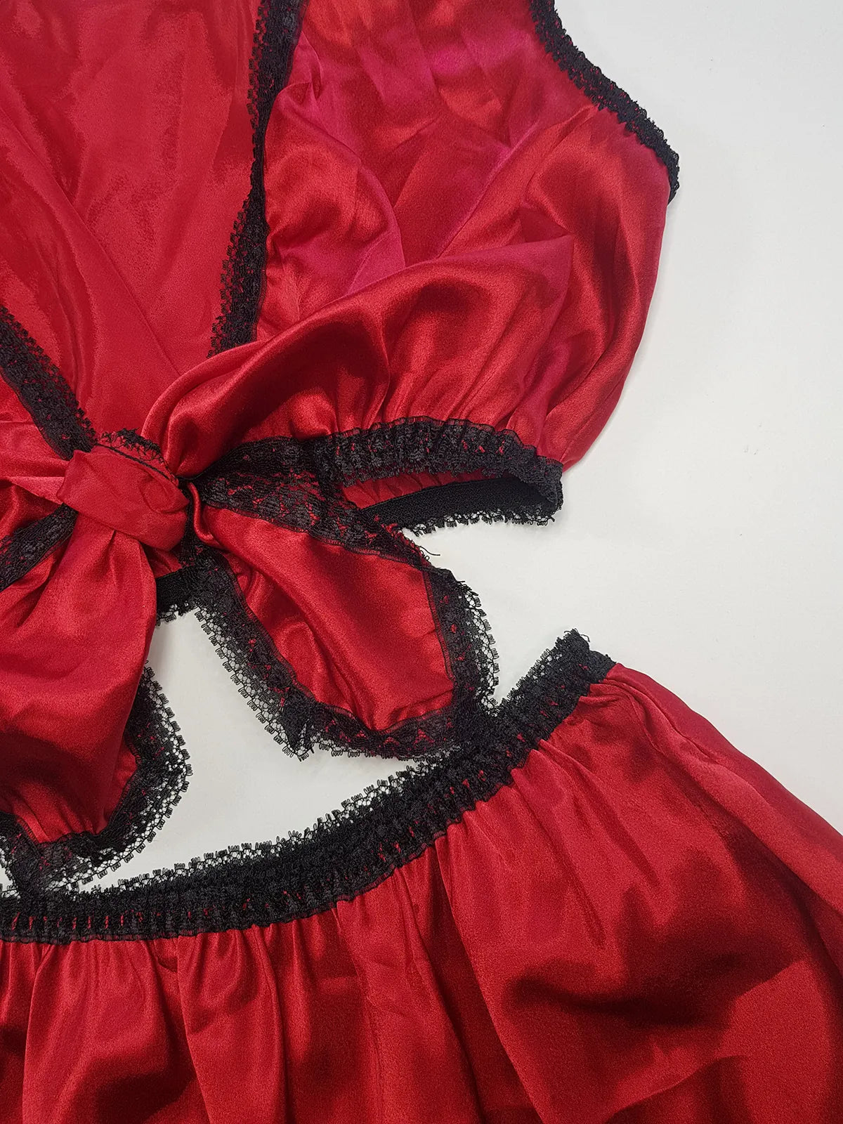 Vintage 1980s Arabian Playboy Style Belly Dance Lingerie 3 Piece Set - Rich Ruby Red Satin & Black Lace - Tie Top & Long Slits up the Sides of the Pants - Matching Sheer Lace Face Covering