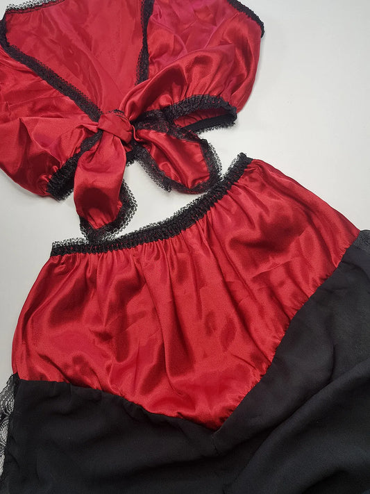Vintage 1980s Arabian Playboy Style Belly Dance Lingerie 3 Piece Set - Rich Ruby Red Satin & Black Lace - Tie Top & Long Slits up the Sides of the Pants - Matching Sheer Lace Face Covering