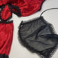 Vintage 1980s Arabian Playboy Style Belly Dance Lingerie 3 Piece Set - Rich Ruby Red Satin & Black Lace - Tie Top & Long Slits up the Sides of the Pants - Matching Sheer Lace Face Covering
