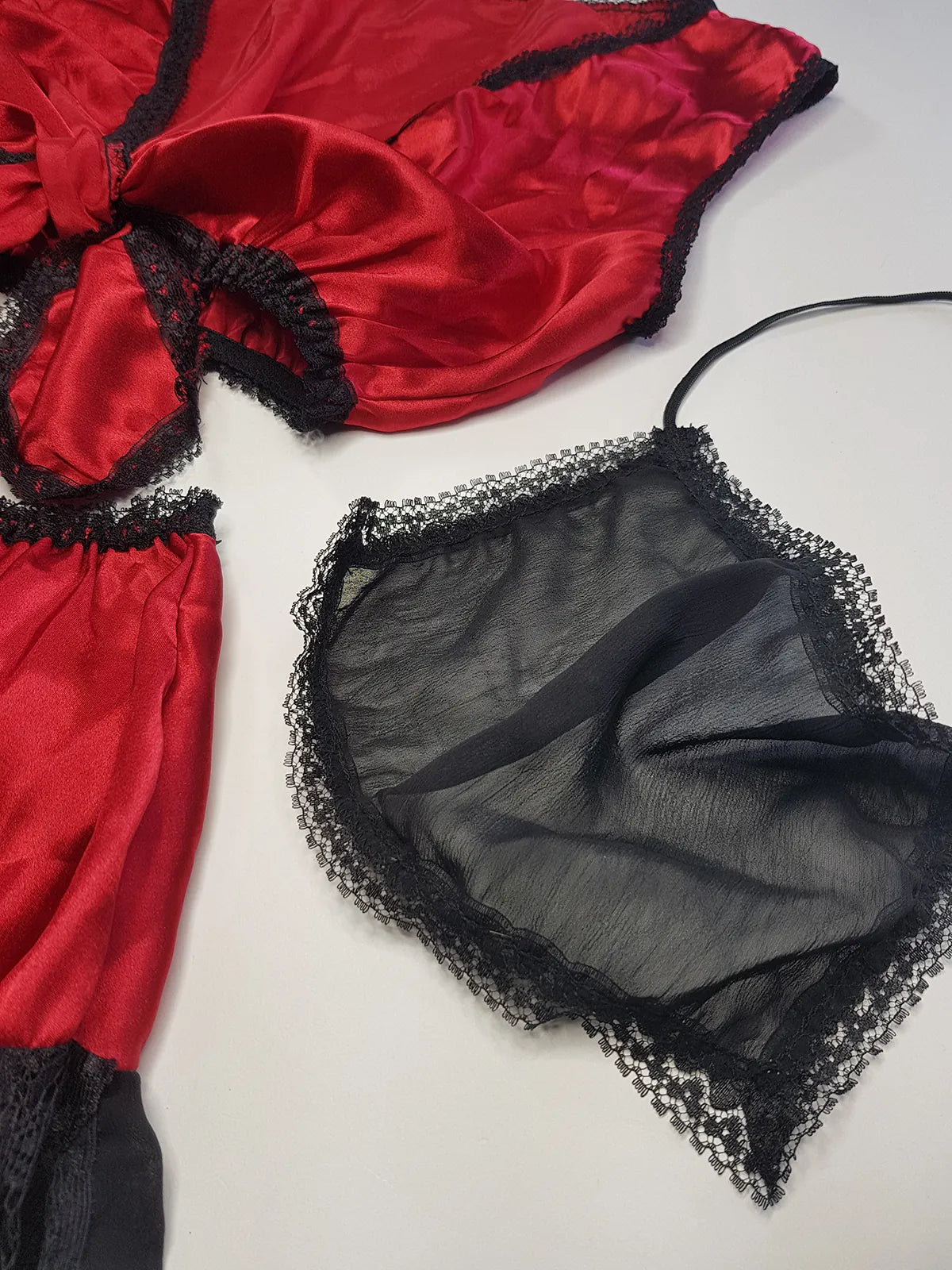 Vintage 1980s Arabian Playboy Style Belly Dance Lingerie 3 Piece Set - Rich Ruby Red Satin & Black Lace - Tie Top & Long Slits up the Sides of the Pants - Matching Sheer Lace Face Covering