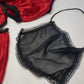 Vintage 1980s Arabian Playboy Style Belly Dance Lingerie 3 Piece Set - Rich Ruby Red Satin & Black Lace - Tie Top & Long Slits up the Sides of the Pants - Matching Sheer Lace Face Covering