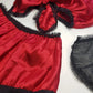 Vintage 1980s Arabian Playboy Style Belly Dance Lingerie 3 Piece Set - Rich Ruby Red Satin & Black Lace - Tie Top & Long Slits up the Sides of the Pants - Matching Sheer Lace Face Covering