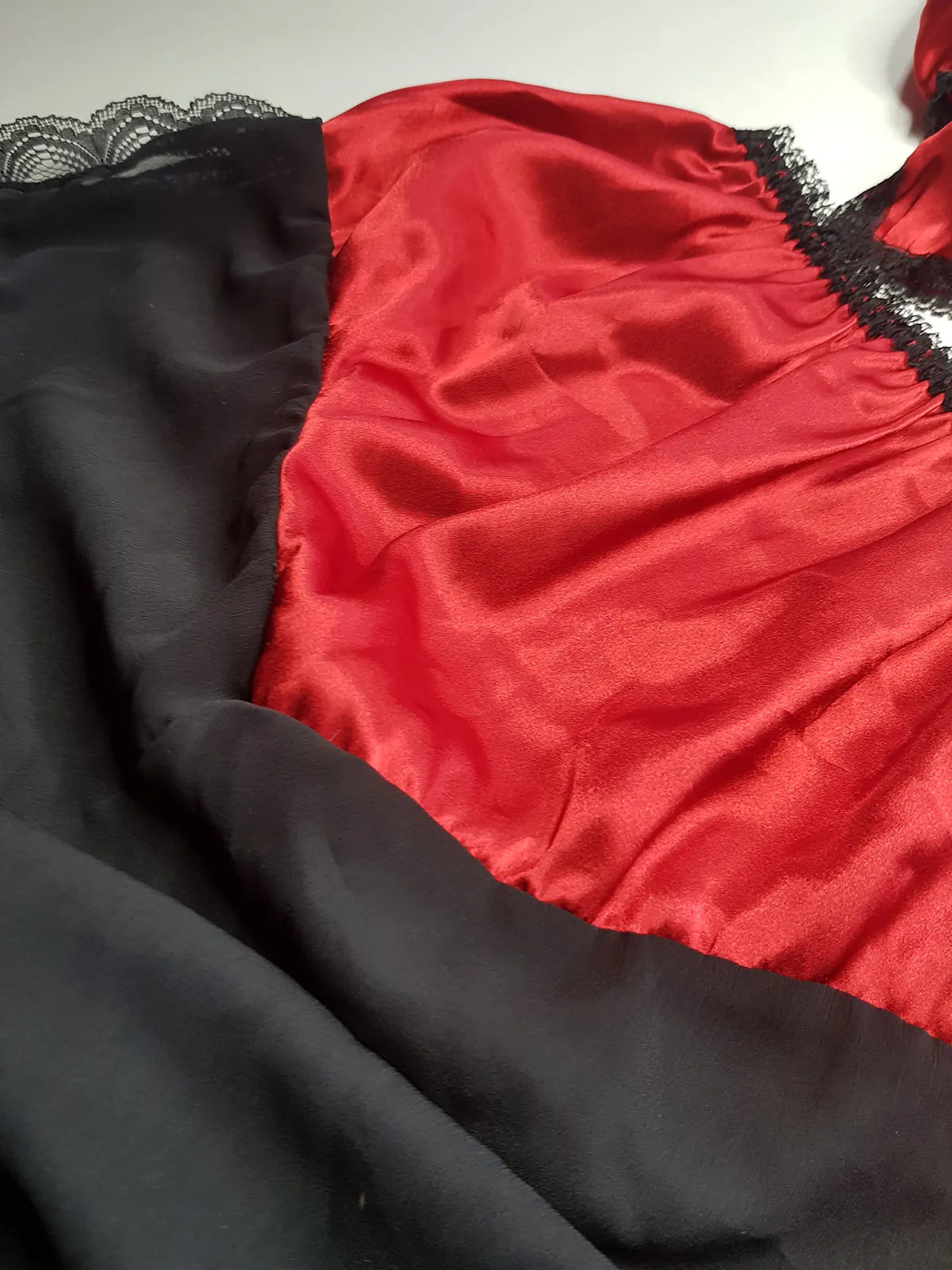 Vintage 1980s Arabian Playboy Style Belly Dance Lingerie 3 Piece Set - Rich Ruby Red Satin & Black Lace - Tie Top & Long Slits up the Sides of the Pants - Matching Sheer Lace Face Covering