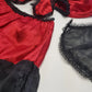 Vintage 1980s Arabian Playboy Style Belly Dance Lingerie 3 Piece Set - Rich Ruby Red Satin & Black Lace - Tie Top & Long Slits up the Sides of the Pants - Matching Sheer Lace Face Covering