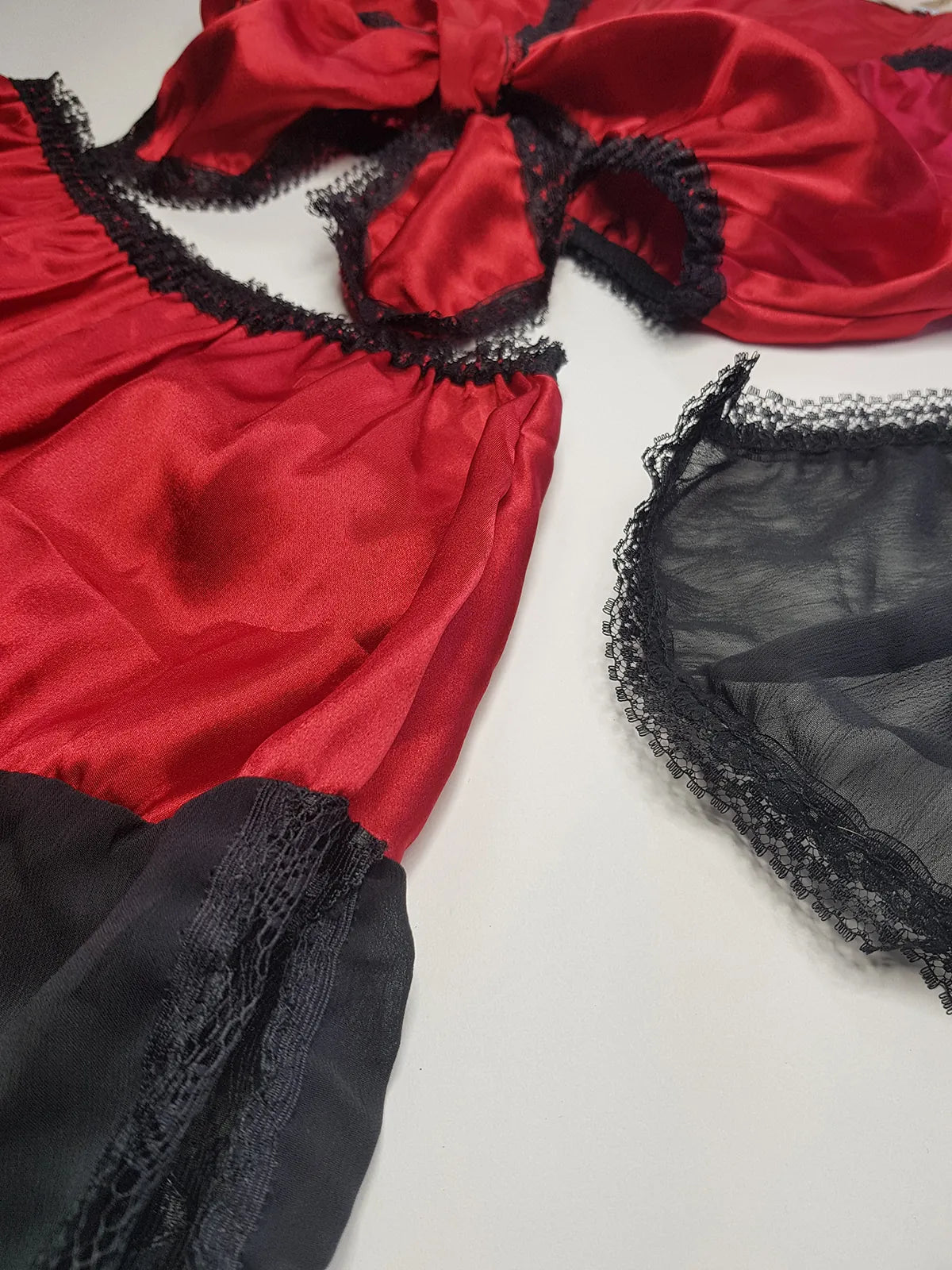 Vintage 1980s Arabian Playboy Style Belly Dance Lingerie 3 Piece Set - Rich Ruby Red Satin & Black Lace - Tie Top & Long Slits up the Sides of the Pants - Matching Sheer Lace Face Covering