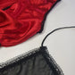 Vintage 1980s Arabian Playboy Style Belly Dance Lingerie 3 Piece Set - Rich Ruby Red Satin & Black Lace - Tie Top & Long Slits up the Sides of the Pants - Matching Sheer Lace Face Covering
