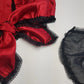 Vintage 1980s Arabian Playboy Style Belly Dance Lingerie 3 Piece Set - Rich Ruby Red Satin & Black Lace - Tie Top & Long Slits up the Sides of the Pants - Matching Sheer Lace Face Covering