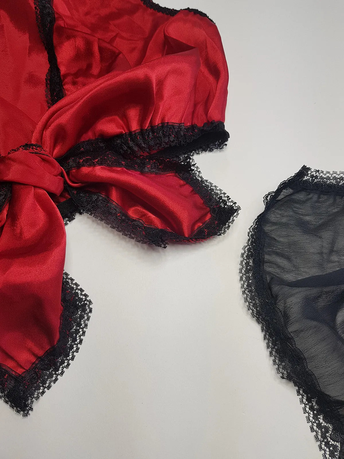 Vintage 1980s Arabian Playboy Style Belly Dance Lingerie 3 Piece Set - Rich Ruby Red Satin & Black Lace - Tie Top & Long Slits up the Sides of the Pants - Matching Sheer Lace Face Covering