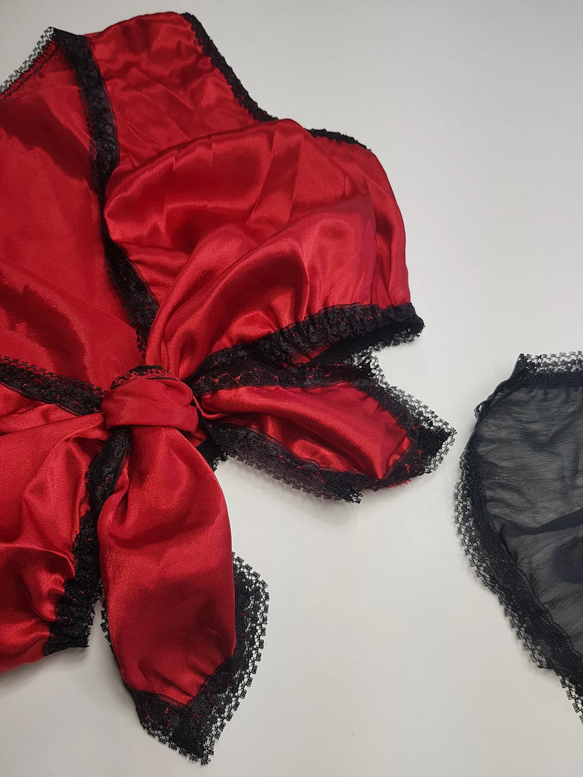 Vintage 1980s Arabian Playboy Style Belly Dance Lingerie 3 Piece Set - Rich Ruby Red Satin & Black Lace - Tie Top & Long Slits up the Sides of the Pants - Matching Sheer Lace Face Covering