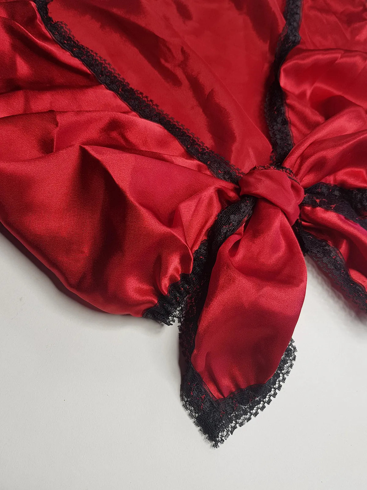 Vintage 1980s Arabian Playboy Style Belly Dance Lingerie 3 Piece Set - Rich Ruby Red Satin & Black Lace - Tie Top & Long Slits up the Sides of the Pants - Matching Sheer Lace Face Covering